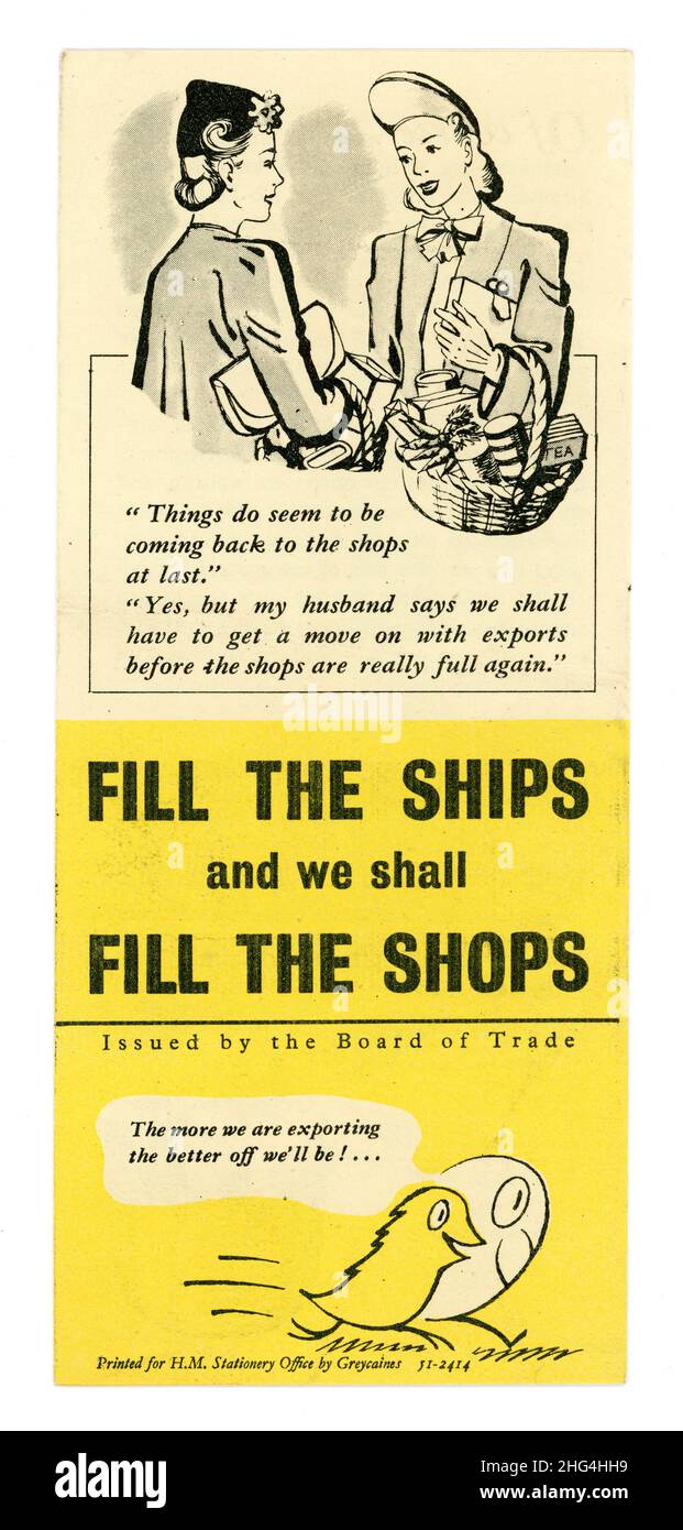 Das Informationsblatt des Handelsrats der Regierung der Retro-1950er Jahre mit dem Titel „die Schiffe füllen und die Geschäfte füllen“, das die Exporte ermutigt, um das Wirtschaftswachstum in Großbritannien anzukurbeln, datiert 1951, Stockfoto