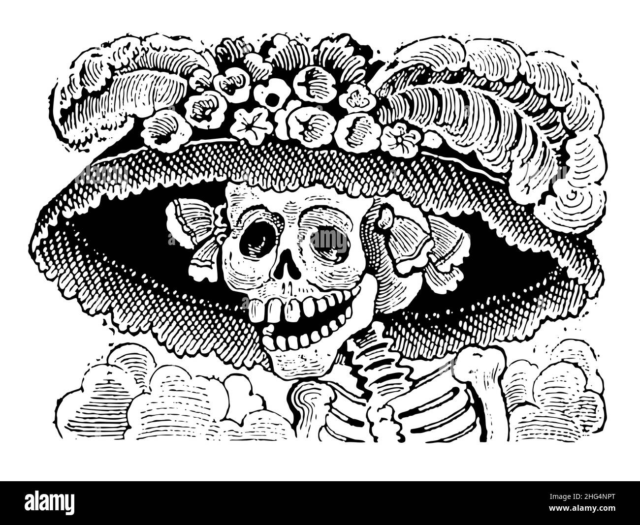 La Calavera Catrina Klassiker Tag der Toten Illustration. Beste Version gesamte Wiederherstellung auf schwarz und weiß. Gereinigte und neu erstellte Reparaturen. Stock Vektor