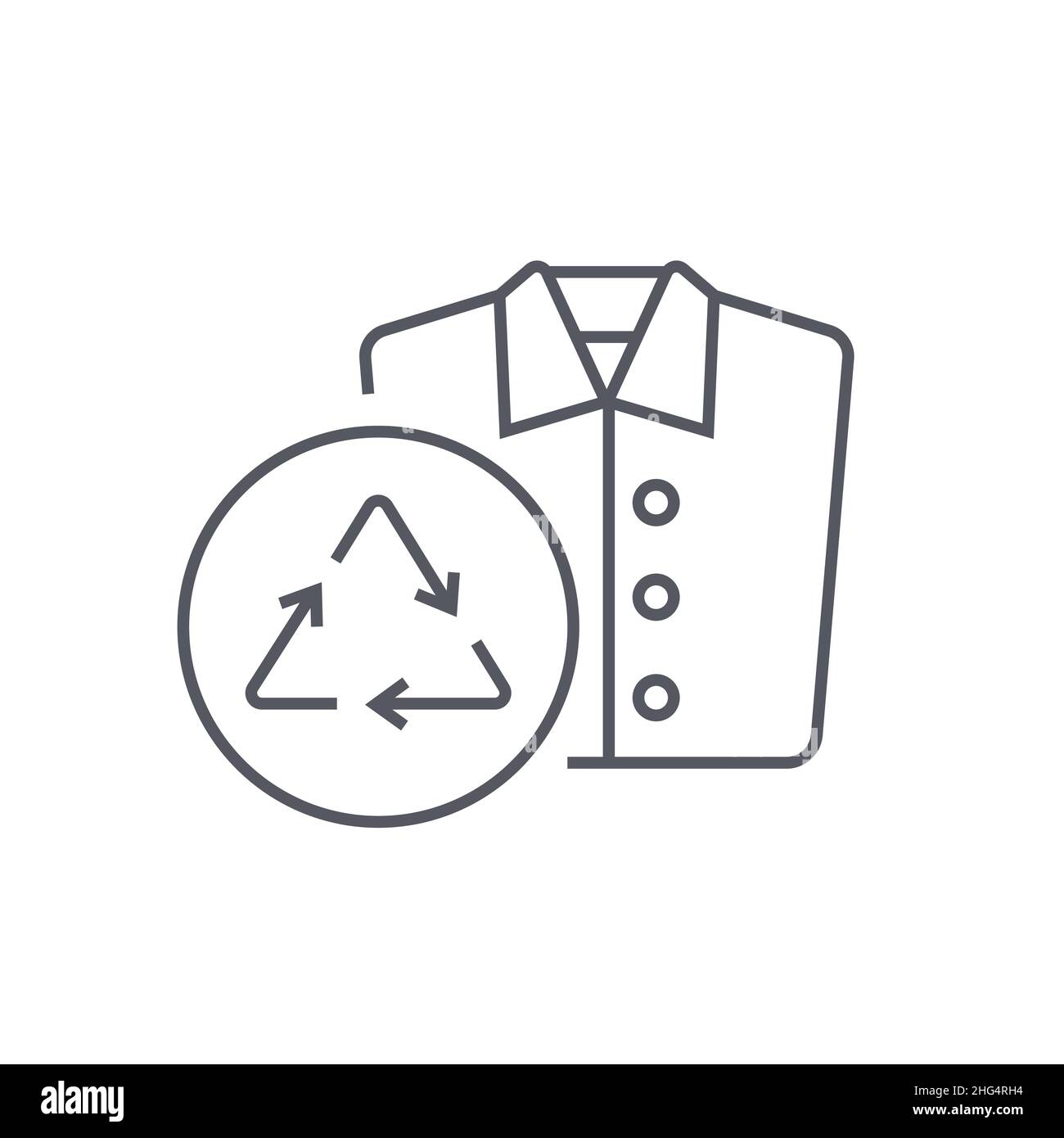 Recycelte Kleidung – modernes Symbol im schwarzen Liniendesign auf weißem Hintergrund. Sauberes, detailreiches Bild eines umweltfreundlichen Shirts. Recycelbare Materialien, Pflege Stock Vektor