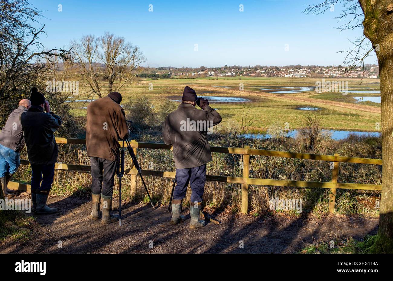 Vogelbeobachter im Pulborough Brooks RSPB Naturschutzgebiet in Sussex im Winter Sussex UK Stockfoto