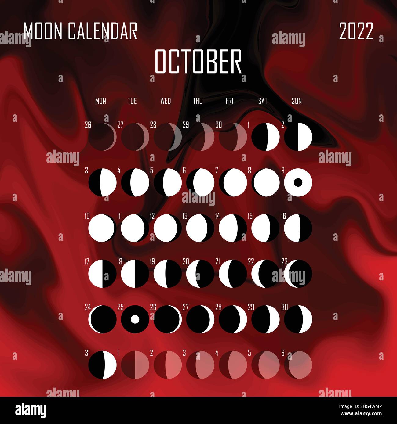 Oktober 2022 Mondkalender. Astrologisches Kalenderdesign. planer. Platz für Aufkleber. Modell des Monatszyklus-Planers. Isolierter flüssiger Farbhintergrund Stock Vektor