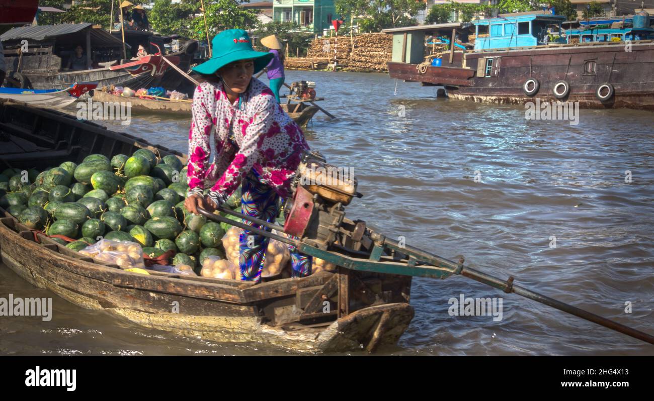 Eine junge Vietnamesin steuert ihren mit Melonen beladenden Lastkahn mit typischem Außenbordmotor auf dem schwimmenden Markt von Cai Rang Stockfoto