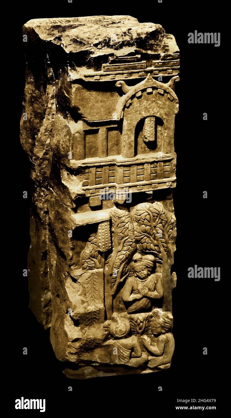 Vedka-Säule, Bharhut (Madhya Pradesh), 2nd Cent. B.C Indien, indisch, Steingehege Säule aus einem Stupa, roter Sandstein . Stockfoto