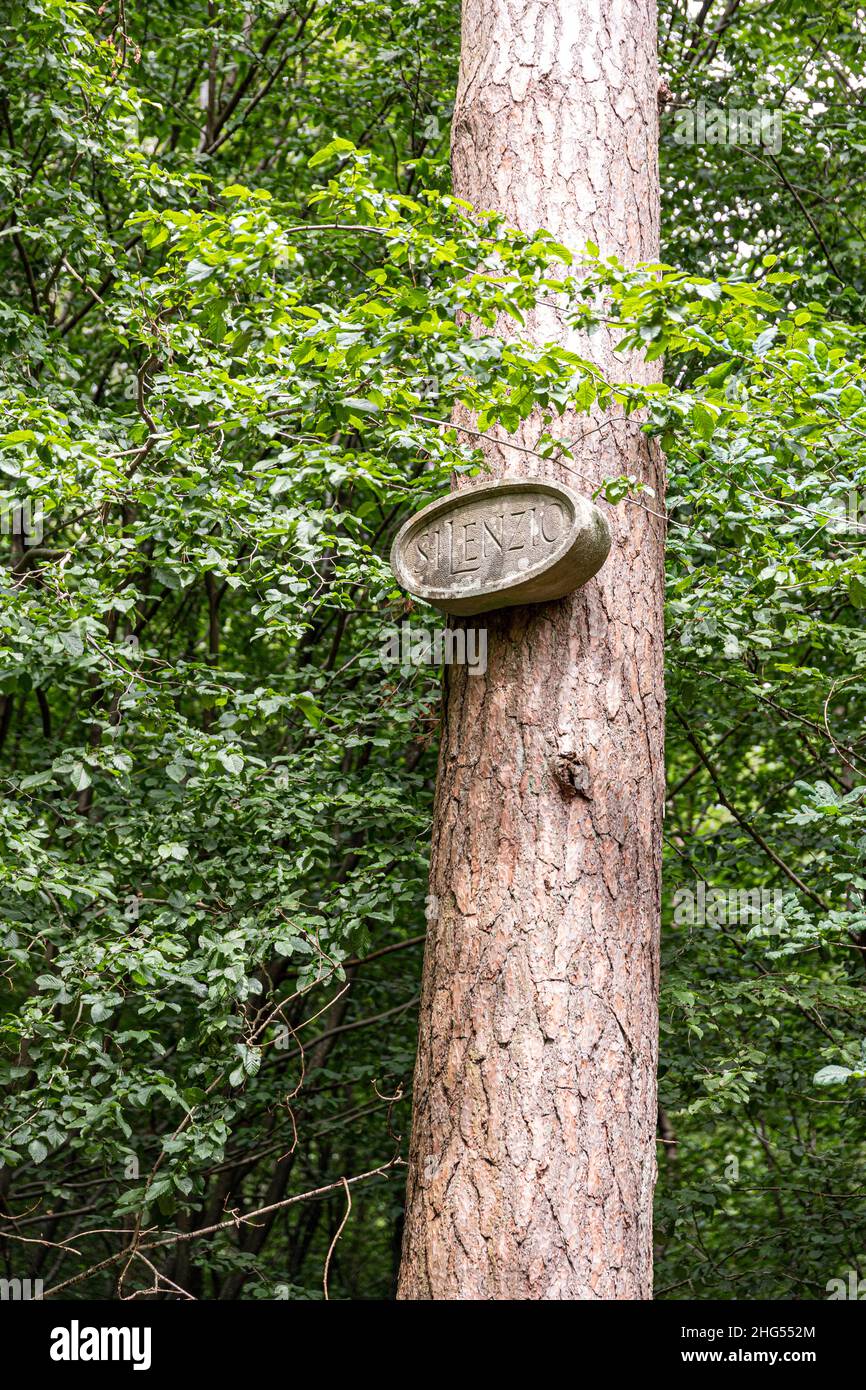 'Grove of Silence' von Ian Hamilton Finlay, 1986 auf dem Forest of Dean Sculpture Trail in der Nähe von Cannop, Coleford, Gloucestershire.UK Stockfoto