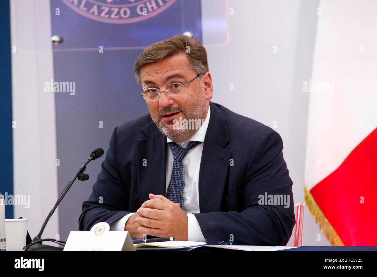 Italien, Rom, 7. September 2021: Roberto Baldoni, Direktor der neuen „Nationalen Agentur für Cybersicherheit“ nimmt an der Pressekonferenz Teil, die vorgestellt wird Stockfoto