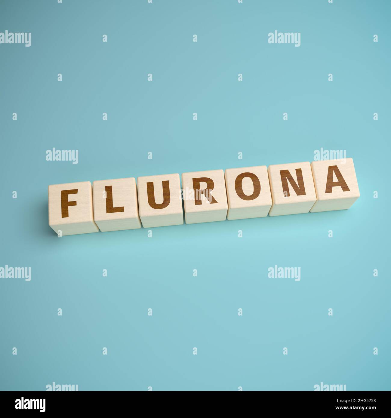 Holzspielzeugblöcke, die das Wort „Flurona“ bilden, eine Mischung aus „Grippe“ (Kurzform der Influenza) und „Corona“, was bedeutet, dass eine Person mit beiden Erkältungen infiziert ist Stockfoto