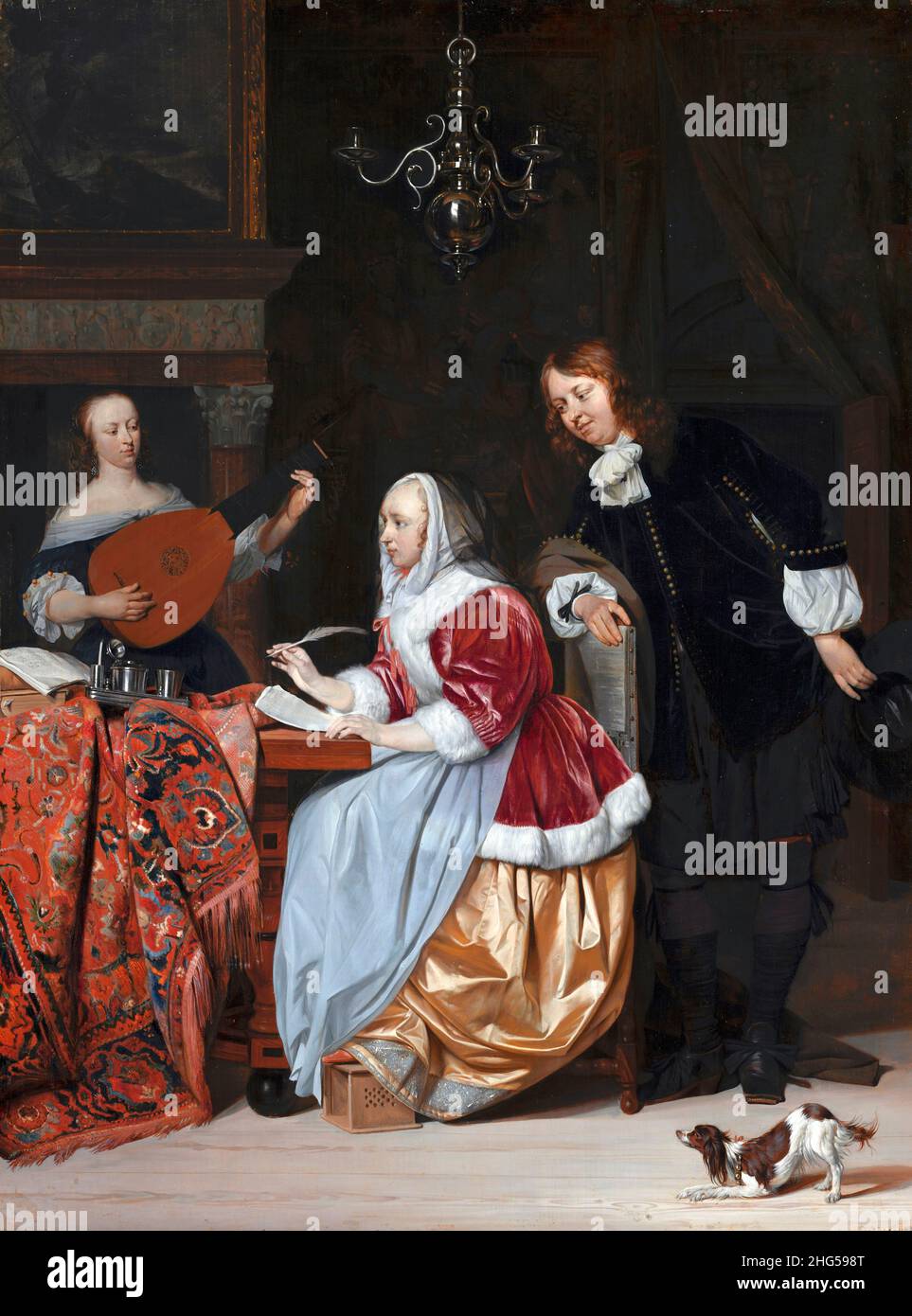 Eine junge Frau komponiert ein Musikstück der niederländischen Künstlerin Gabriël Metsu (1629–1667), Öl auf Tafel, c. 1664 Stockfoto