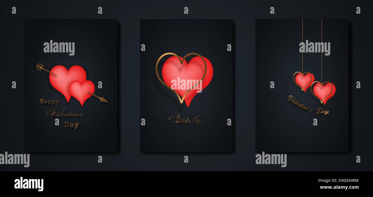 Happy Valentines Tag Vektor-Set Grußkarte. Goldene und rote Herzen auf schwarzem Hintergrund. Goldenes Urlaubsposter mit Text, Juwelen. Konzept zum Valentinstag Stock Vektor