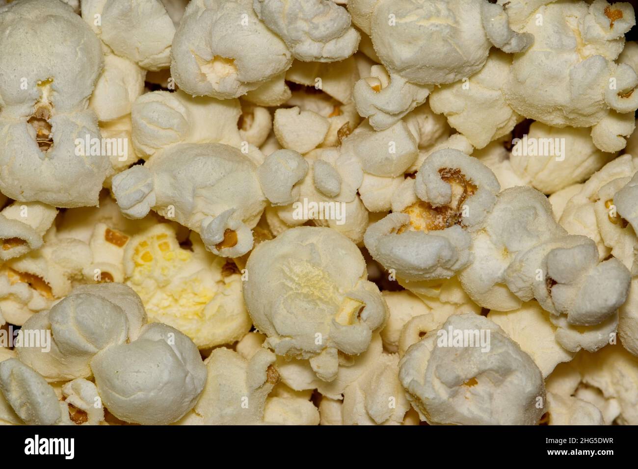 Weiße Popcornkerne aus nächster Nähe mit Details und Texturen von direkt oben, selektiver Fokussierung. Stockfoto