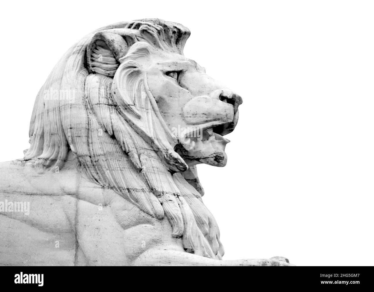 Marmorskulptur aus Löwenkopf isoliert auf weißem Hintergrund, Seitenansicht schwarz-weiß Bild Stockfoto