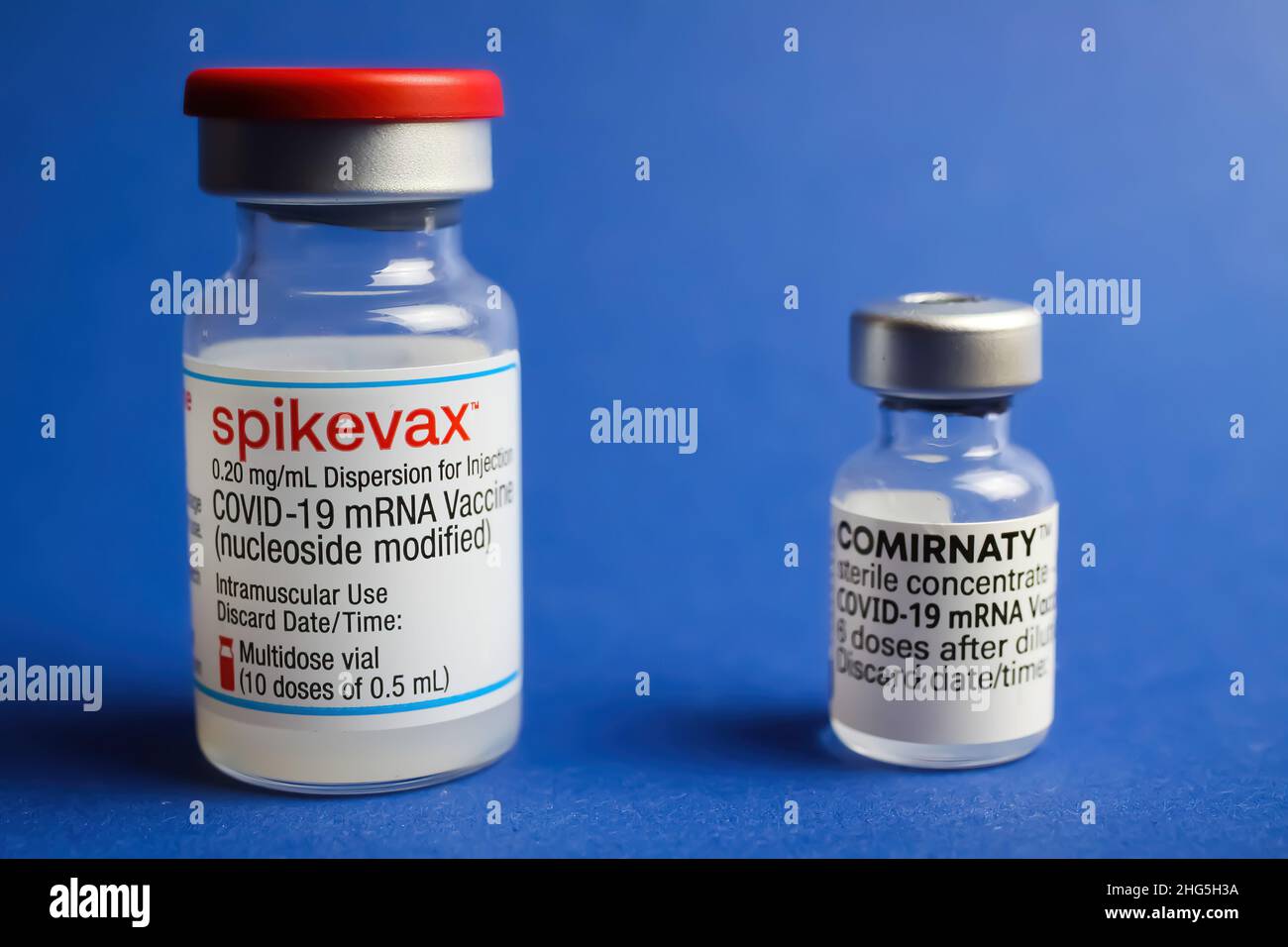Viersen, Deutschland - Januar 9. 2022: Nahaufnahme von zwei isolierten mRNA-Impfserumfläschchen (Moderna Spikevax und BioNTech Pfizer Comirnaty), blauer Backgr Stockfoto