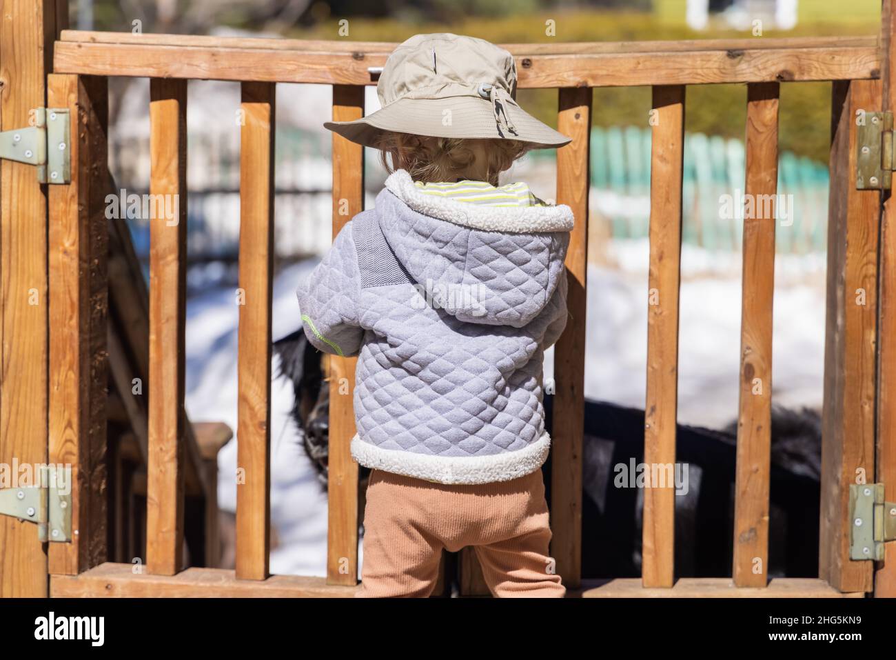 Ein kleiner Junge, der an einem kalten, sonnigen Tag einen Baumwollhut trägt, wird von hinten gesehen und steht an einem Holztor in einem Hinterhof mit Kopieplatz zu beiden Seiten. Stockfoto