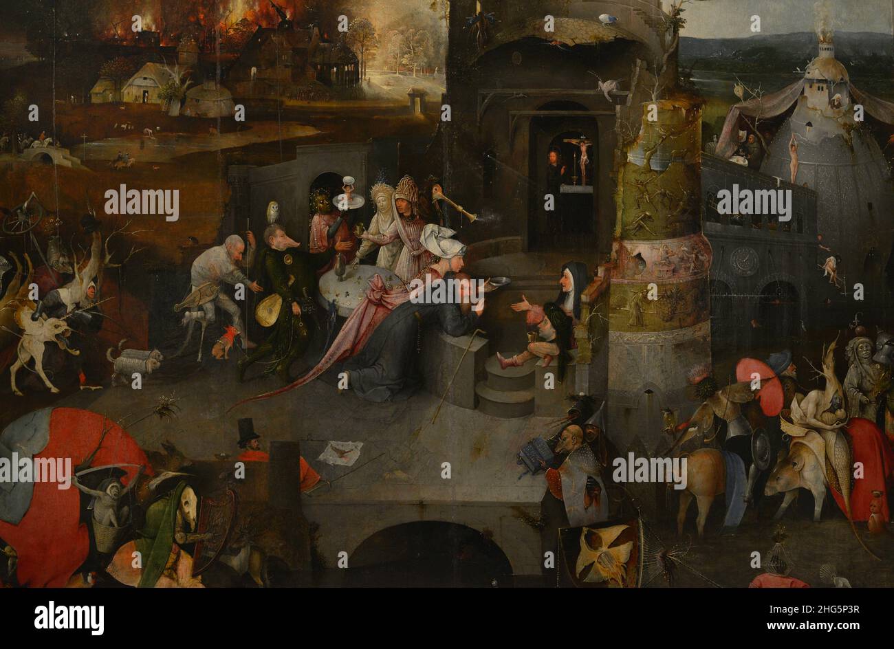 Hieronymus Bosch (1450-1516). Niederländischer Maler. Triptychon der Versuchungen des heiligen Antonius, 1498. Detail der zentralen Tafel, die die Versuchung des heiligen Athony darstellt. Nationalmuseum für Alte Kunst Lissabon, Portugal. Stockfoto