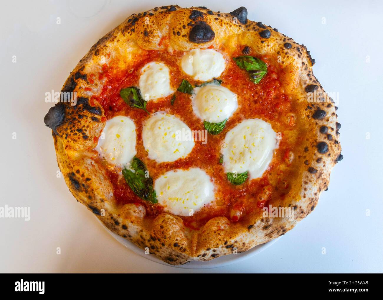 Pizza Margarita mit Tomatensauce, Basilikum und Büffelmozzarella Stockfoto