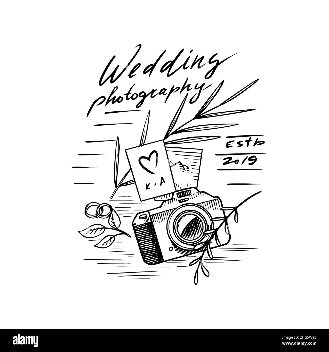 Logo oder Logo des Hochzeitsfotografen. Fotokamera und Pflanzen oder Blumen und Verlobungsringe für den Urlaub. Vorlage für Studio Store. Von Hand gezeichnet Stock Vektor