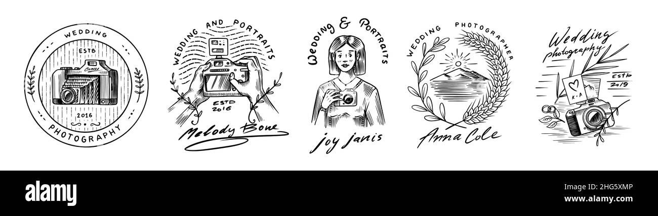 Abzeichen oder Logos von Hochzeitsfotografen. Fotokamera für den Urlaub. Fotografie-Community. Vorlagen für Retro Studio, Vintage Store oder Shop. Hand Stock Vektor