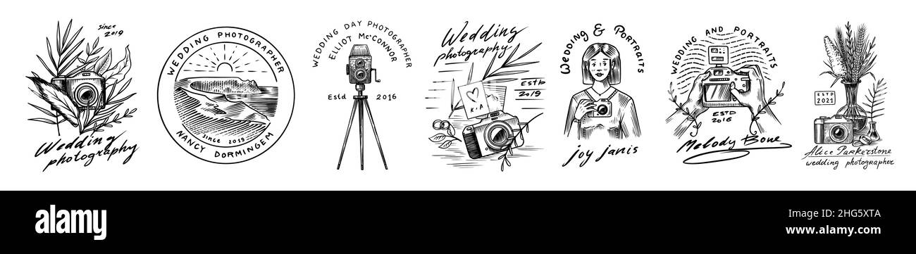 Abzeichen oder Logos von Hochzeitsfotografen. Fotokamera für den Urlaub. Fotografie-Community. Vorlagen für Retro Studio, Vintage Store oder Shop. Hand Stock Vektor
