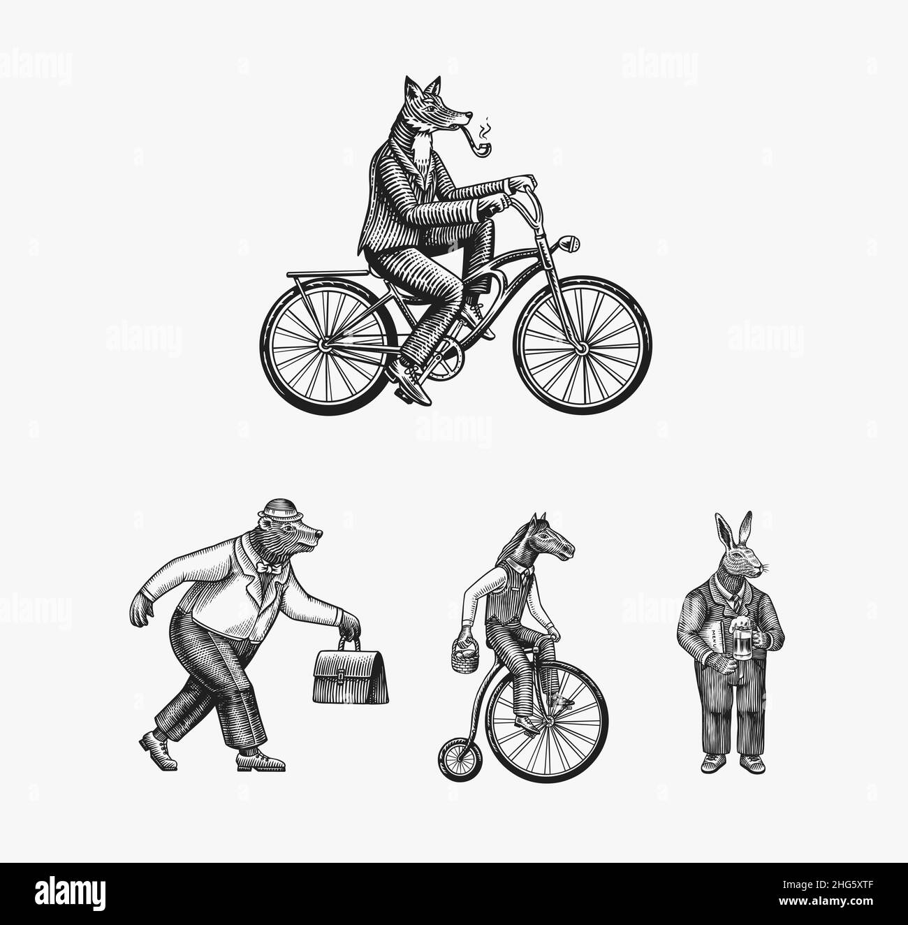 Ein Fuchs mit einer Pfeife im Anzug fährt mit dem Fahrrad. Bär und Pferd und Hase. Fashion Animal Charaktere gesetzt. Handgezeichnete Skizze. Vektorgrafiken Stock Vektor