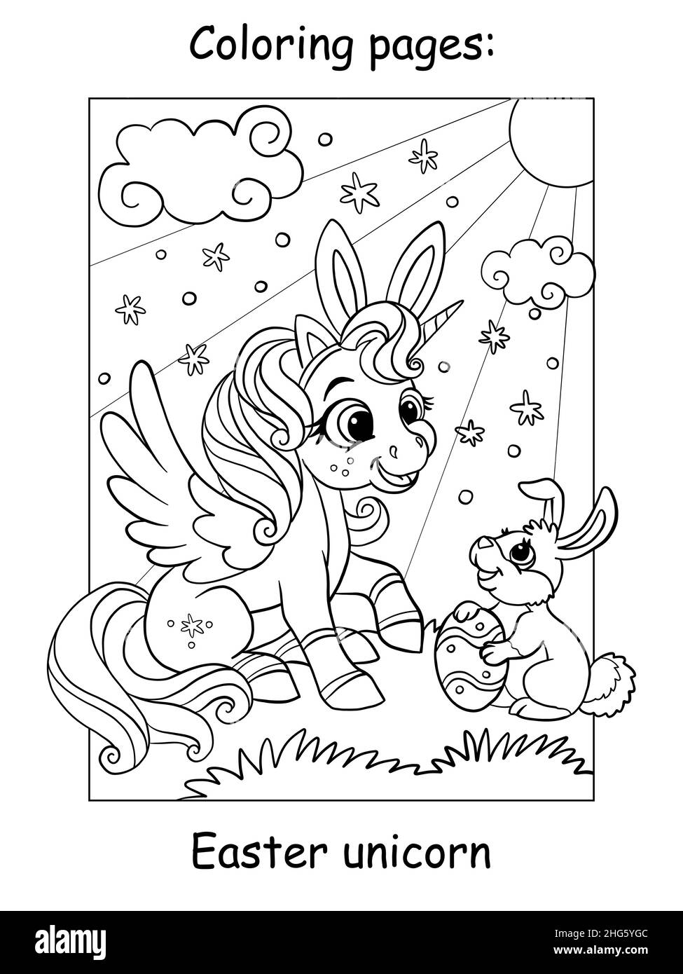 Niedliches und fröhliches Einhorn, das mit einem Osterhasen auf einem