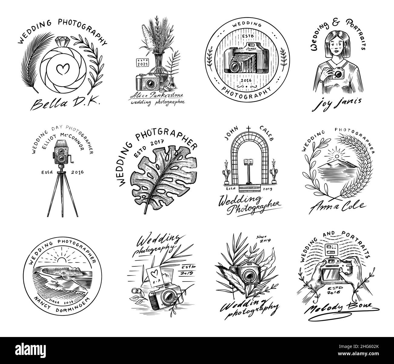Abzeichen oder Logos von Hochzeitsfotografen. Fotokamera für den Urlaub. Fotografie-Community. Vorlagen für Retro Studio, Vintage Store oder Shop. Hand Stock Vektor