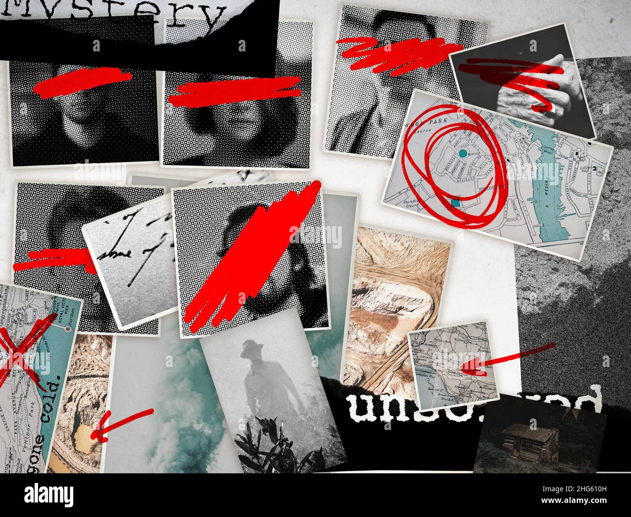 Eine Collage oder Verschwörungstafel mit ungelösten Geheimnissen Stockfoto