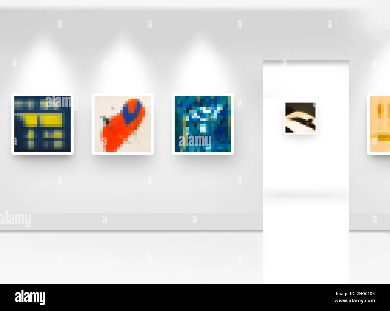 Eine Galerie mit nicht-fungiblen Token-Kunstwerken von NFT Stockfoto