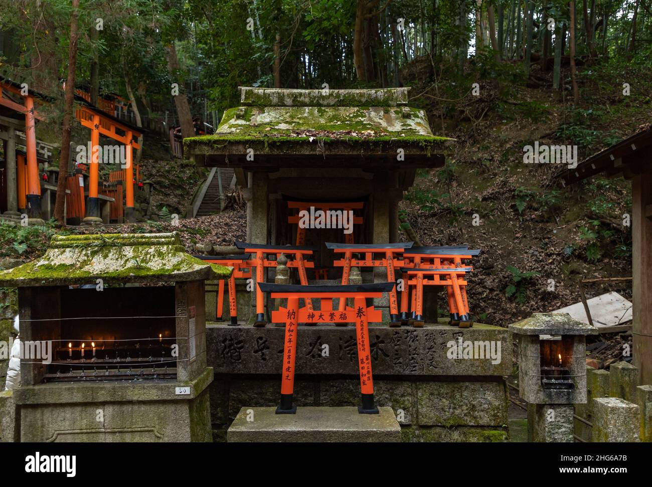 Ein Bild von einigen Miniatur-Torii-Toren am Fushimi Inari Taisha-Schrein. Stockfoto