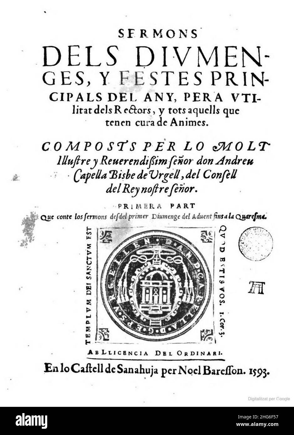 Predigten dels diumenges (1593) d'Andreu Capella. Stockfoto