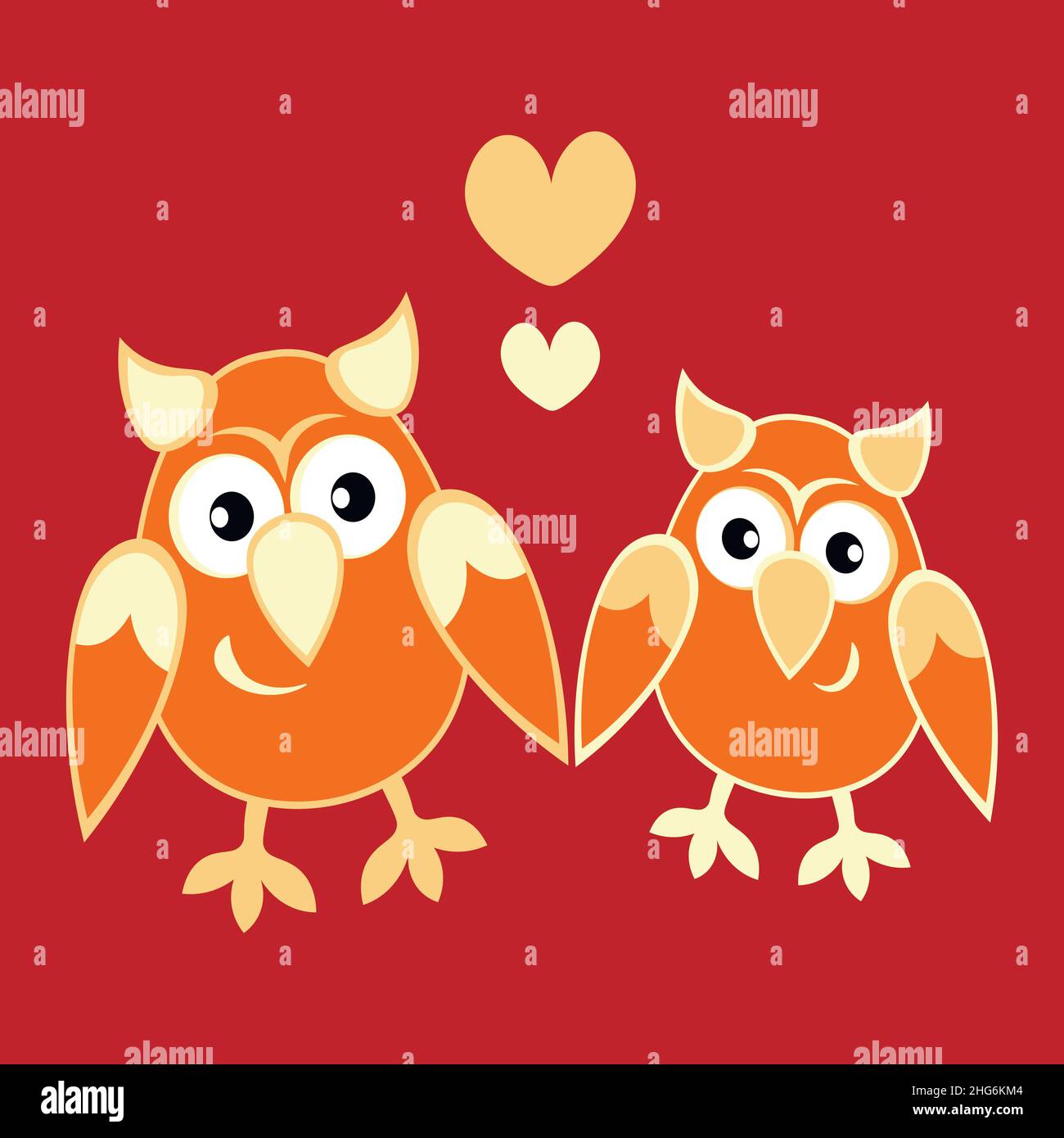Abbildung auf quadratischem Hintergrund - zwei Eulen, die sich in Herzen verlieben. Cartoon-Vögel. Pastiche. Zeichnung von Kindern. Designelement von Büchern, Notizbüchern, Postkarten, Innenausstattung Stock Vektor