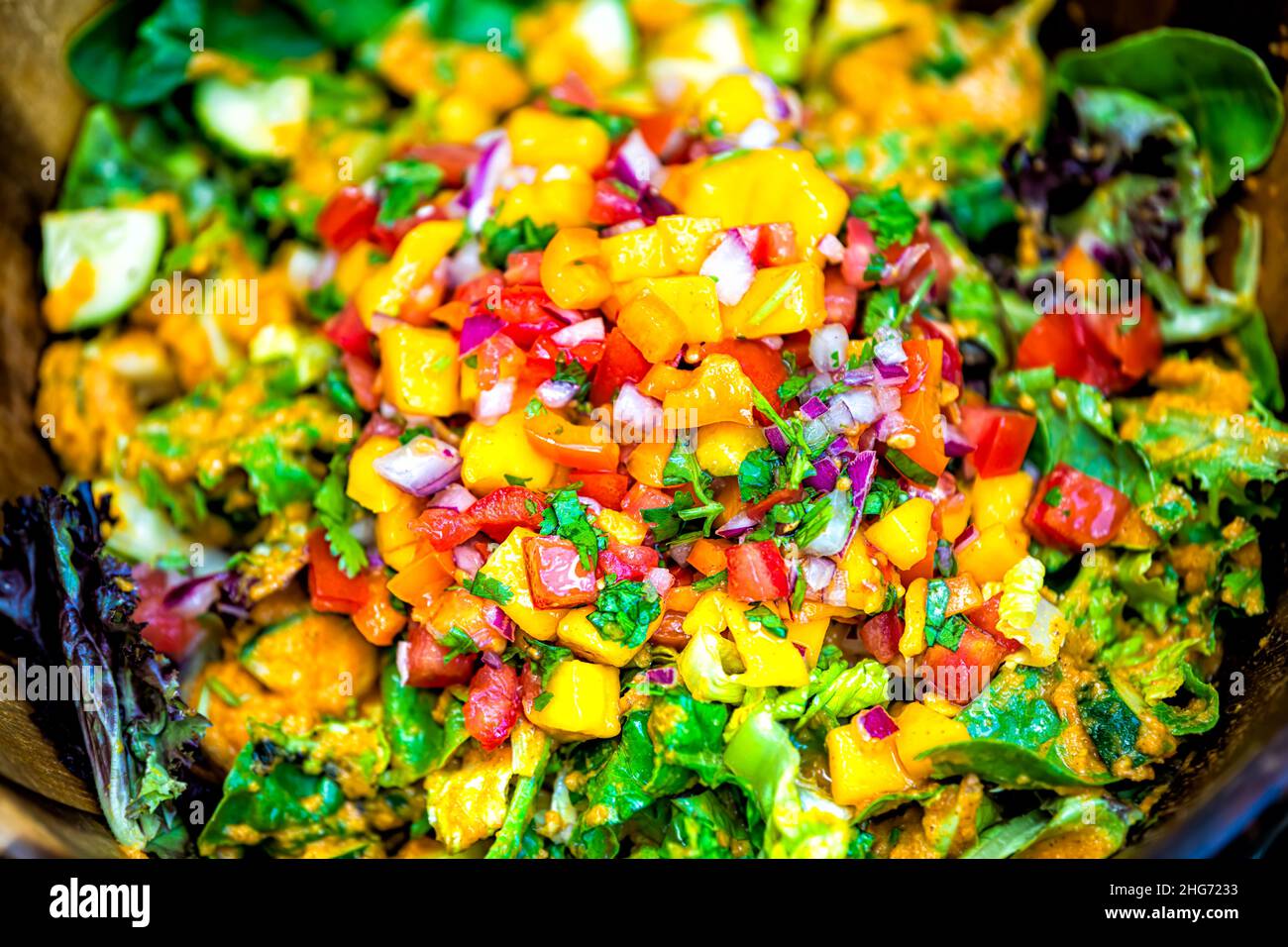 Nahaufnahme-Makro des Salats in einer Schüssel mit rotem Blattsalat, Tomaten und gehackten, geschnittenen Mangosalsazwiebeln, Dressing mit Koriander, oben flach Stockfoto