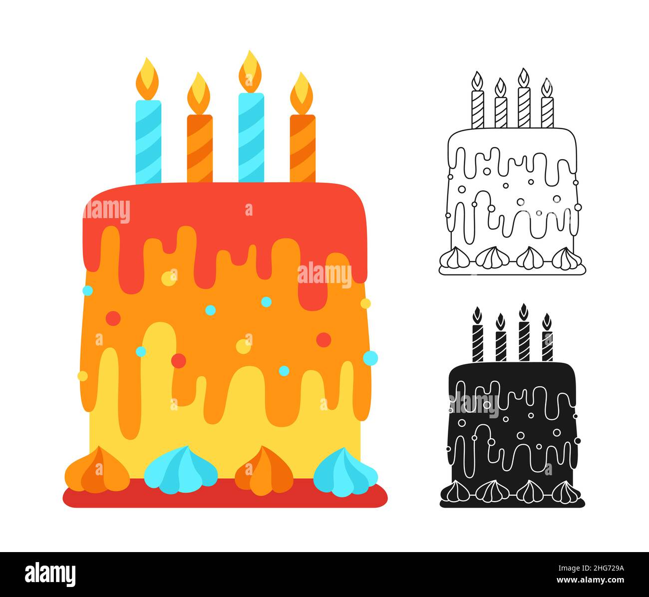Geburtstagstorte Cartoon oder Stempel, Doodle Outline Set. Geburtstag köstliche Dessert, Party Überraschung Urlaub feiern. Kinder-Design für Stoff, Textil, Schablone Fleck Print. Einladung lecker Symbol Vektor Stock Vektor