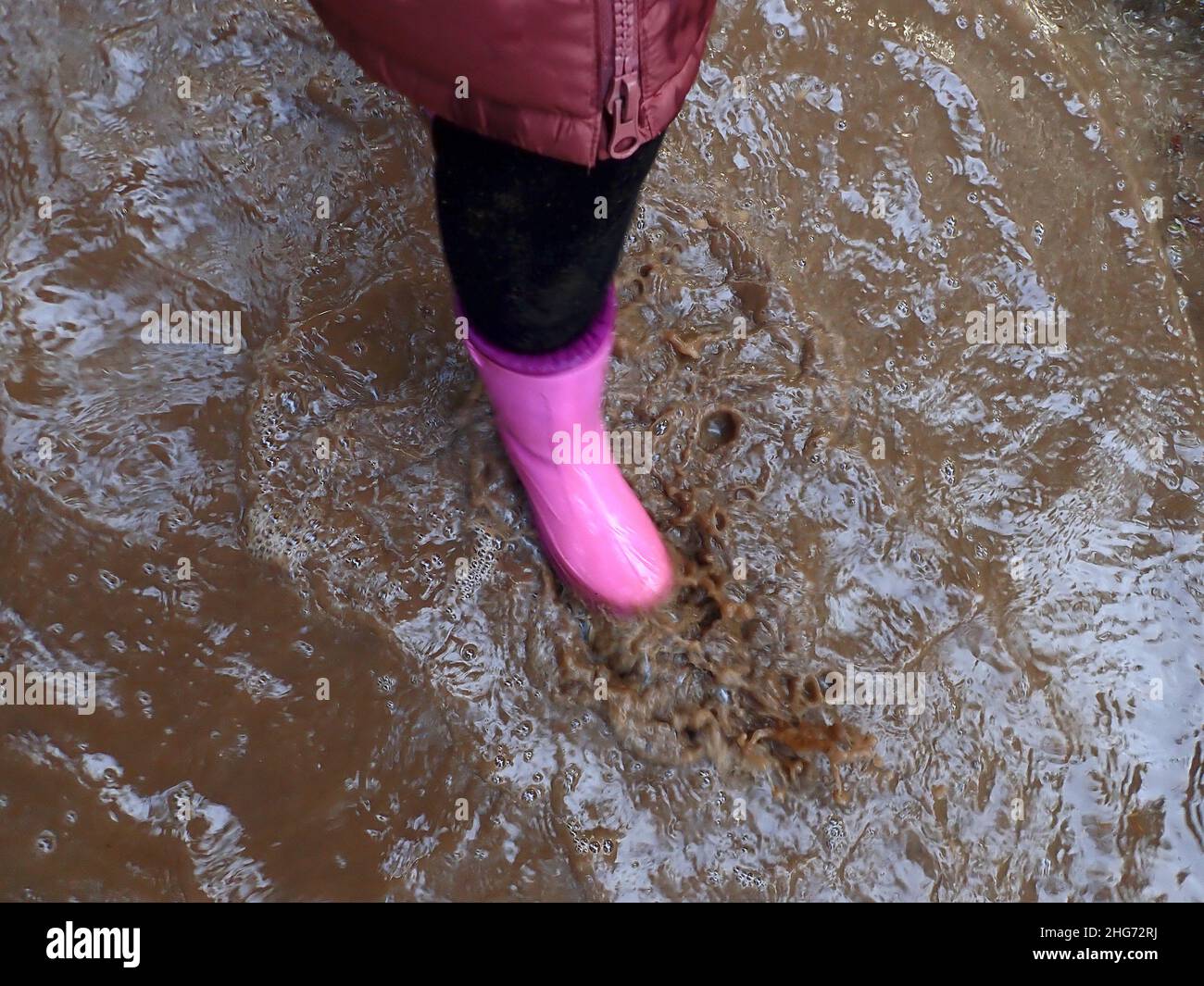 Spring Pfütze.Pfütze Walk.Girl in rosa Gummistiefel geht durch die Pfützen. .Frühlingsschlamm und Pfützen.Frühlingswetter Stockfoto
