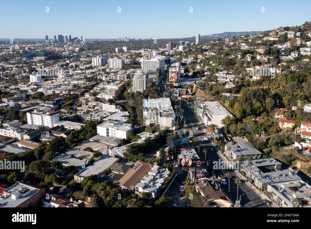 Luftaufnahme des Sunset Strip in West Hollywood, Kalifornien Stockfoto