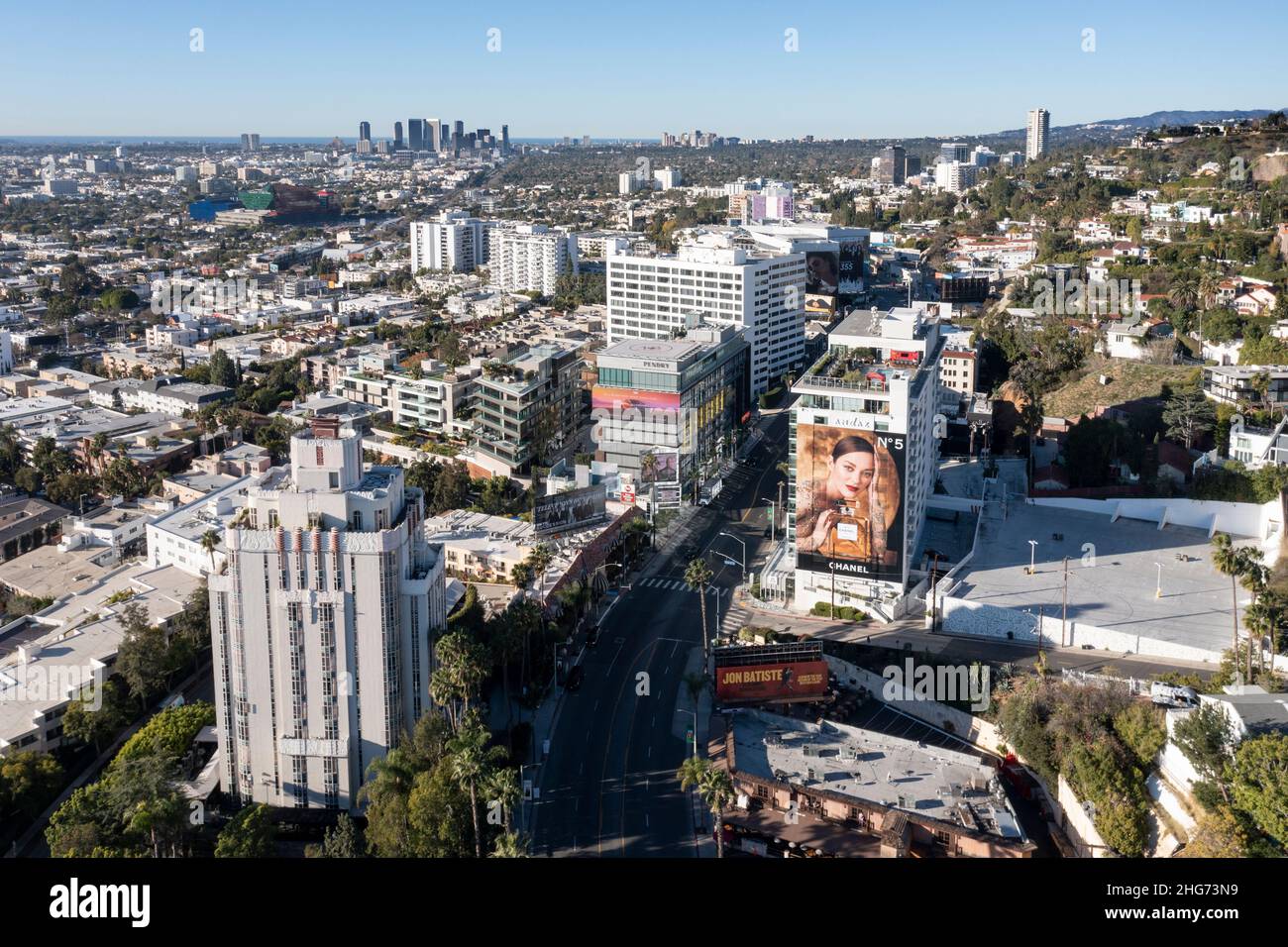 Luftaufnahme des Sunset Strip in West Hollywood, Kalifornien Stockfoto