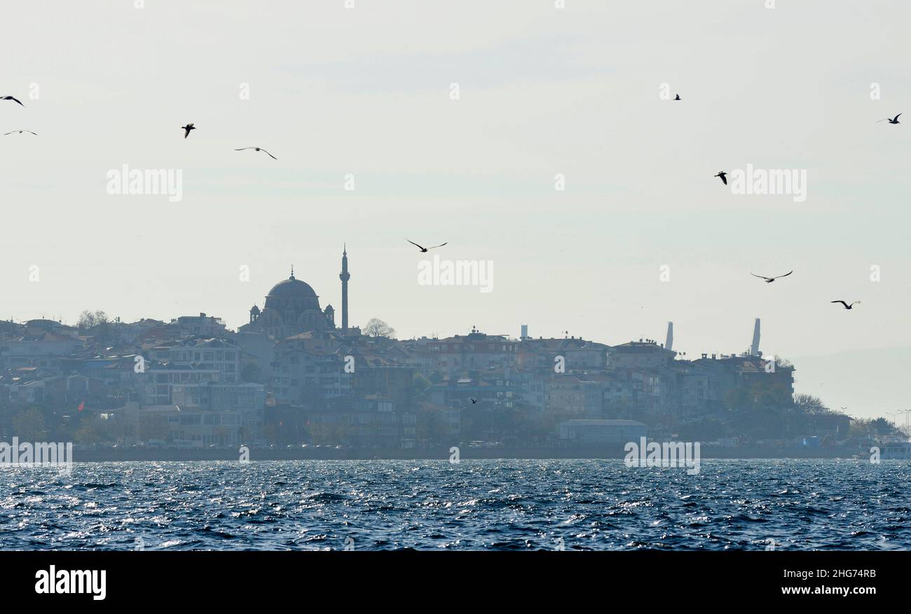 Blick auf die asiatische Seite Istanbuls mit seinen ikonischen Moscheen. Stockfoto