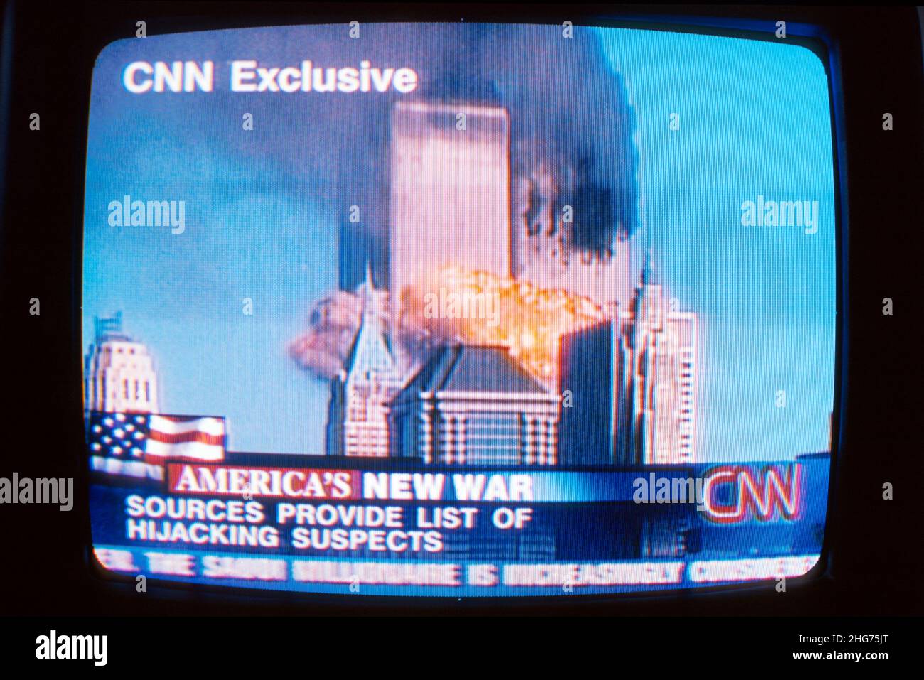 New York City, NY NYC Lower Manhattan, Fernsehbildschirm tv 9 1 1 911, Terroranschlag brennendes World Trade Center Center, CNN Ground Zero September 11 11 Stockfoto