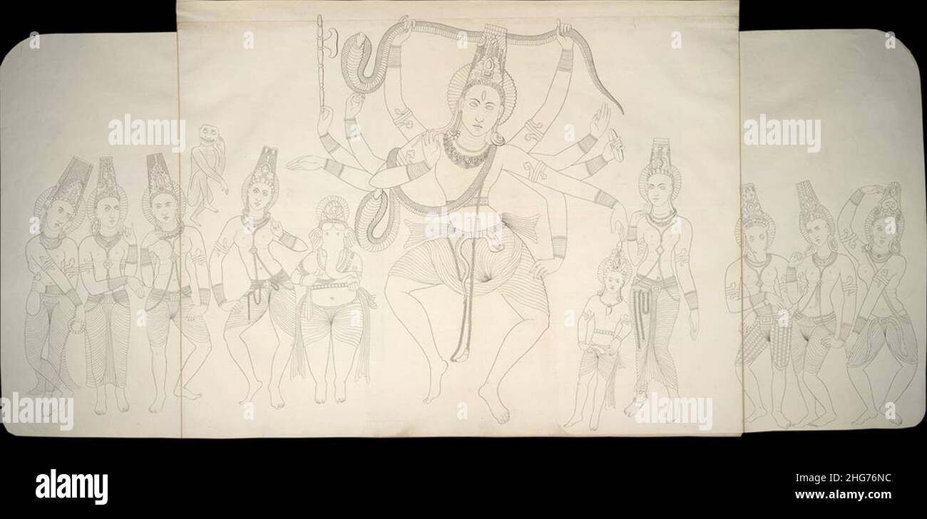 Shiva Nataraja mit Parvati, Ganesha und tanzenden Sapta Matrikas, 6th Jahrhundert Ravana phadi Hindu Höhlentempel, Aihole, eine Skizze von 1853. Stockfoto