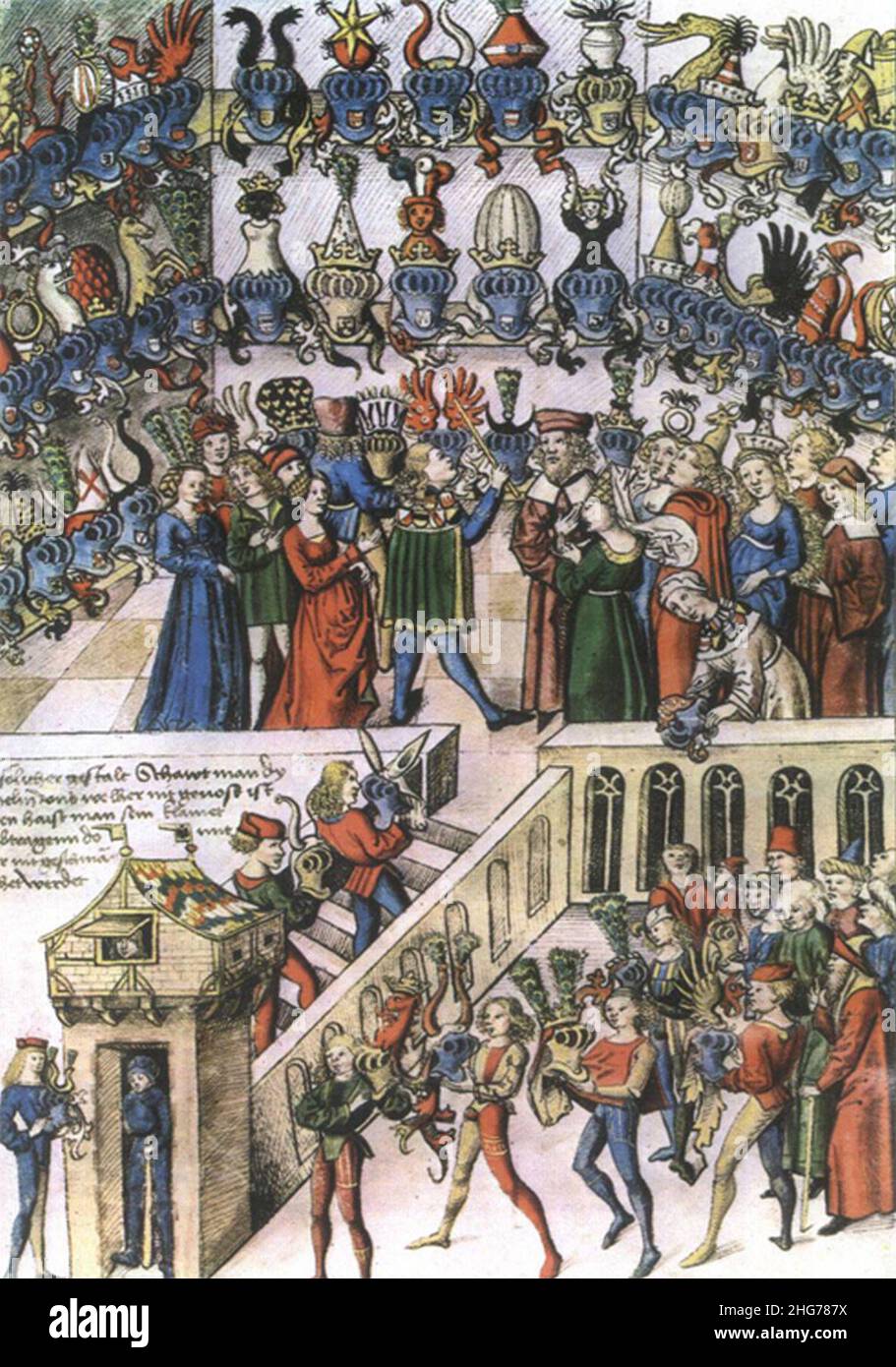 Show von Blazoned Helme von Rittern. 15th Jahrhundert. Stockfoto