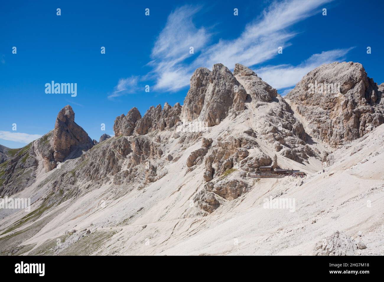 Dolomitenlandschaft, Wanderweg im Hochgebirge. Rosengarten-Gruppe Stockfoto