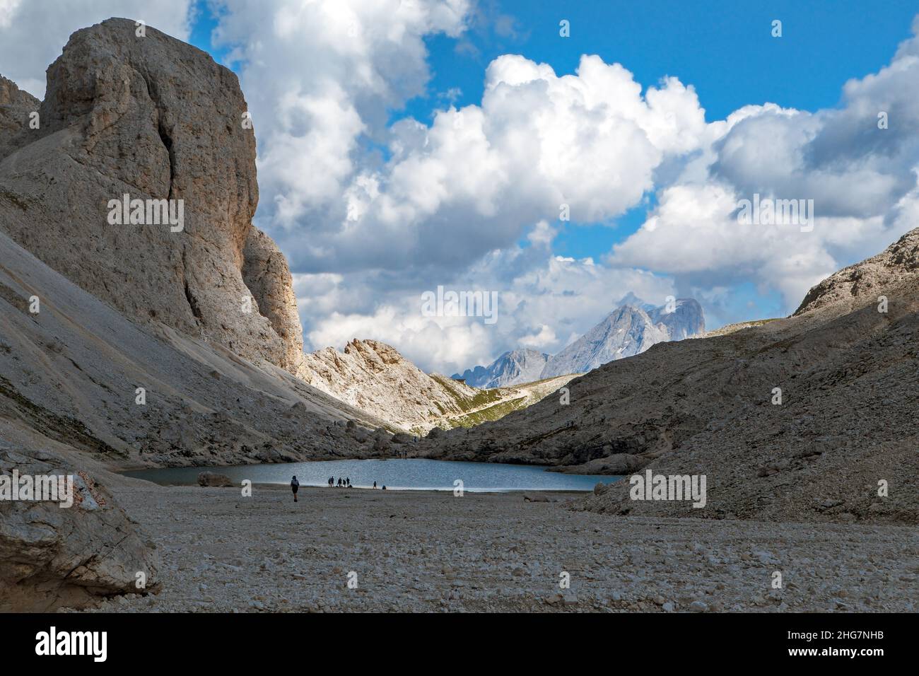 Antermoia Alpensee in Rosengarten Dolomiten, Trentino, Italien Stockfoto