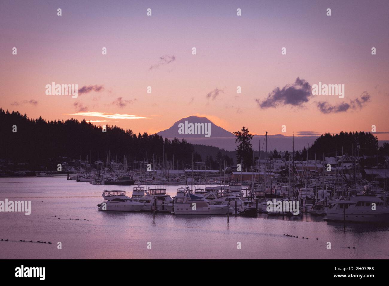 Blick am Morgen auf den Mt. Rainier in Gig Harbor, WA Stockfoto