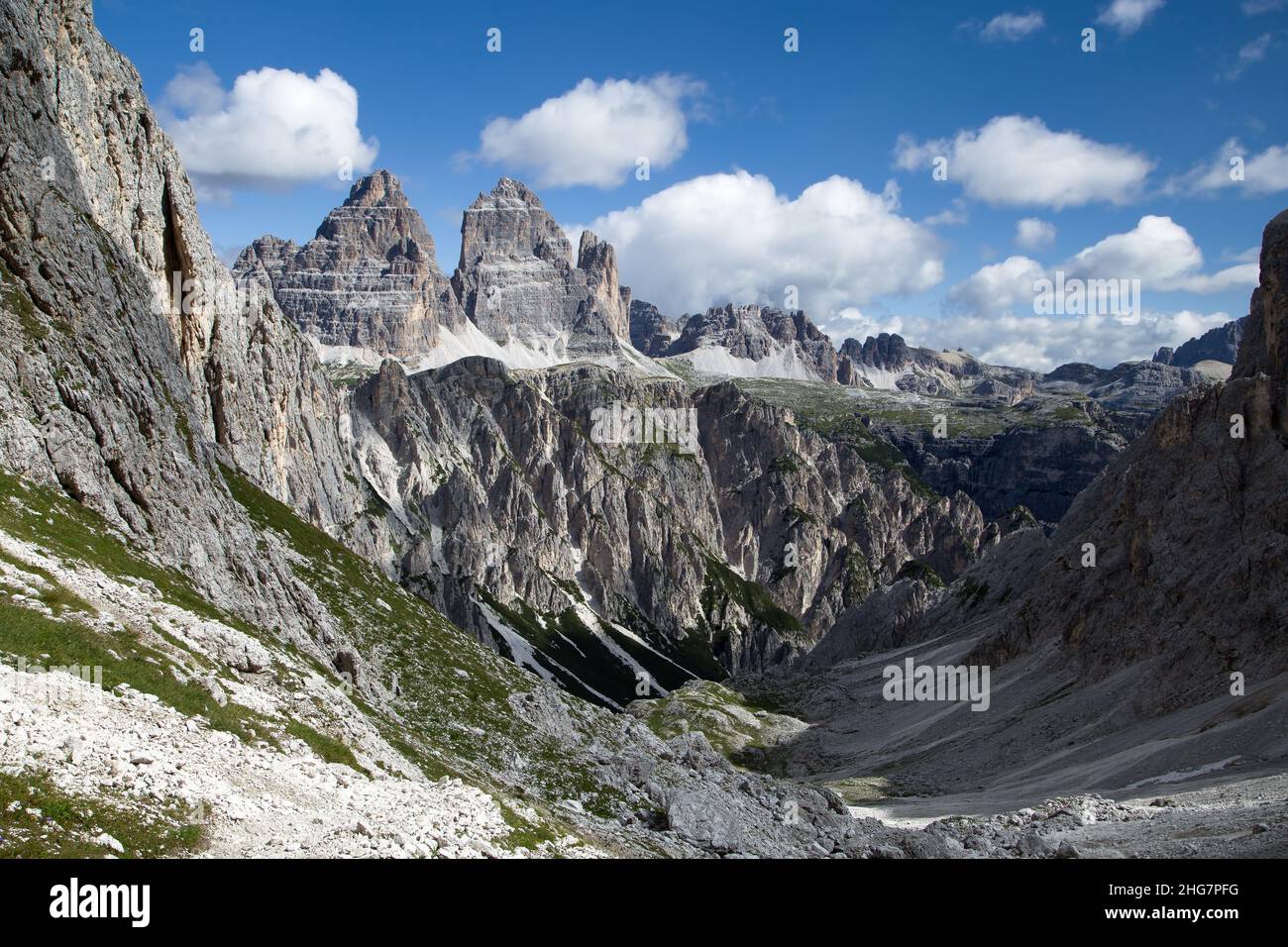 Tre Cime di Lavaredo Dolomite aus Cadini di Misurina, Trentino, Italien Stockfoto