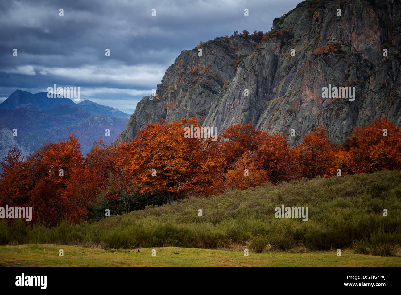 Gebirgslandschaft im Herbst an einem bewölkten Tag in Picos de Europa Stockfoto