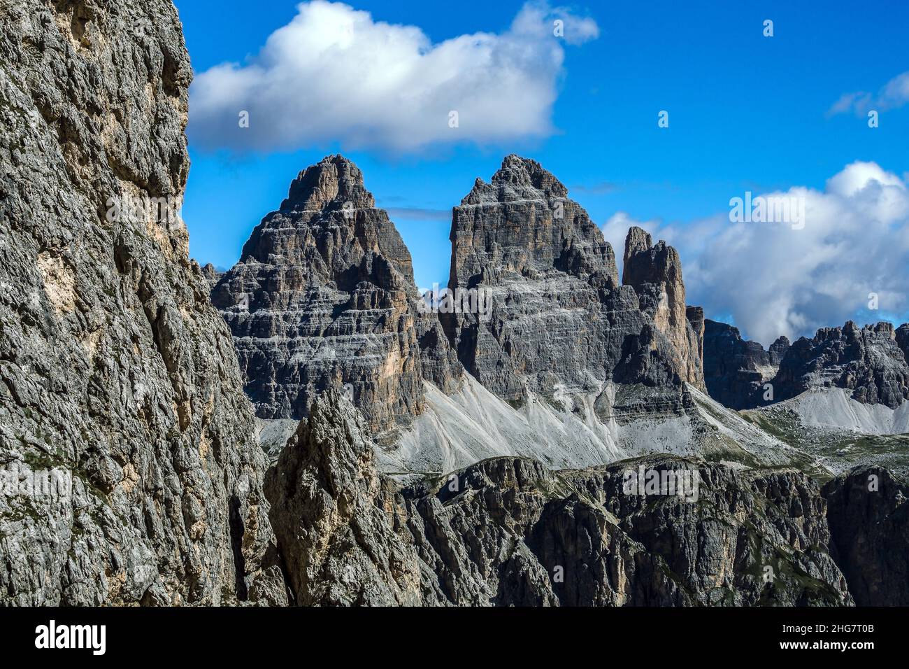 Tre Cime di Lavaredo Dolomitental Panoramablick, Trentino, Italien Stockfoto