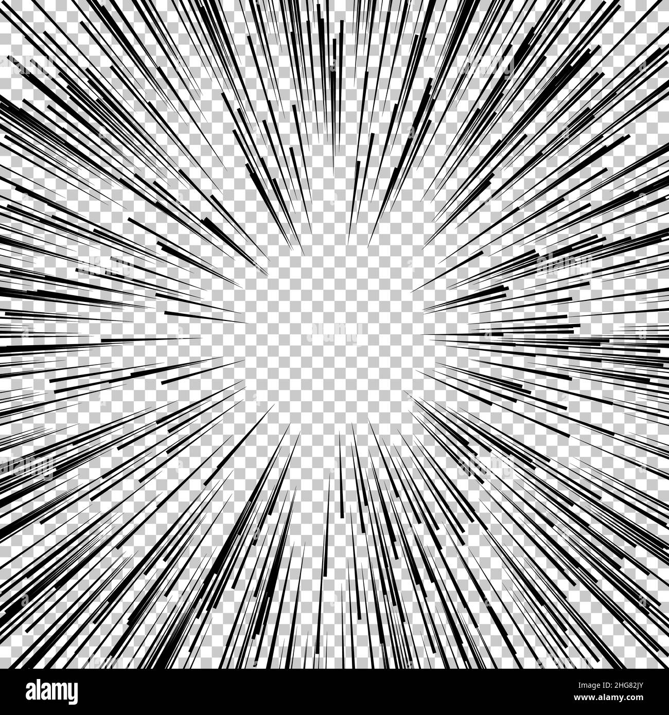 Flash Explosion radiale Linien in Comic-oder Manga-Stil isoliert auf transparentem Hintergrund. Schwarze Vektorstreifen platzen. Stock Vektor