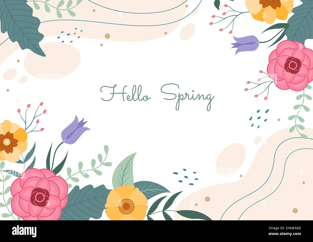 Frühlingszeit Hintergrund mit Blumen Saison und Pflanze für Promotions, Zeitschriften, Werbung oder Websites. Natur Flache Vektorgrafik Stock Vektor