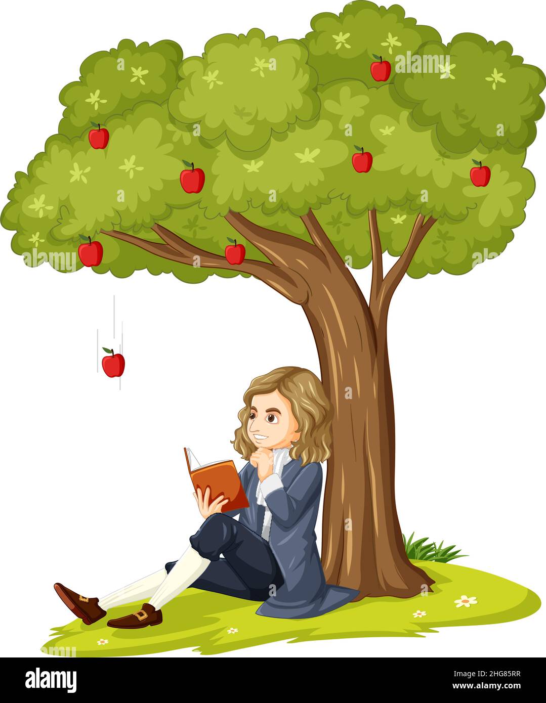 Sir Isaac Newton saß unter dem Apfelbaum und las eine Buchillustration Stock Vektor