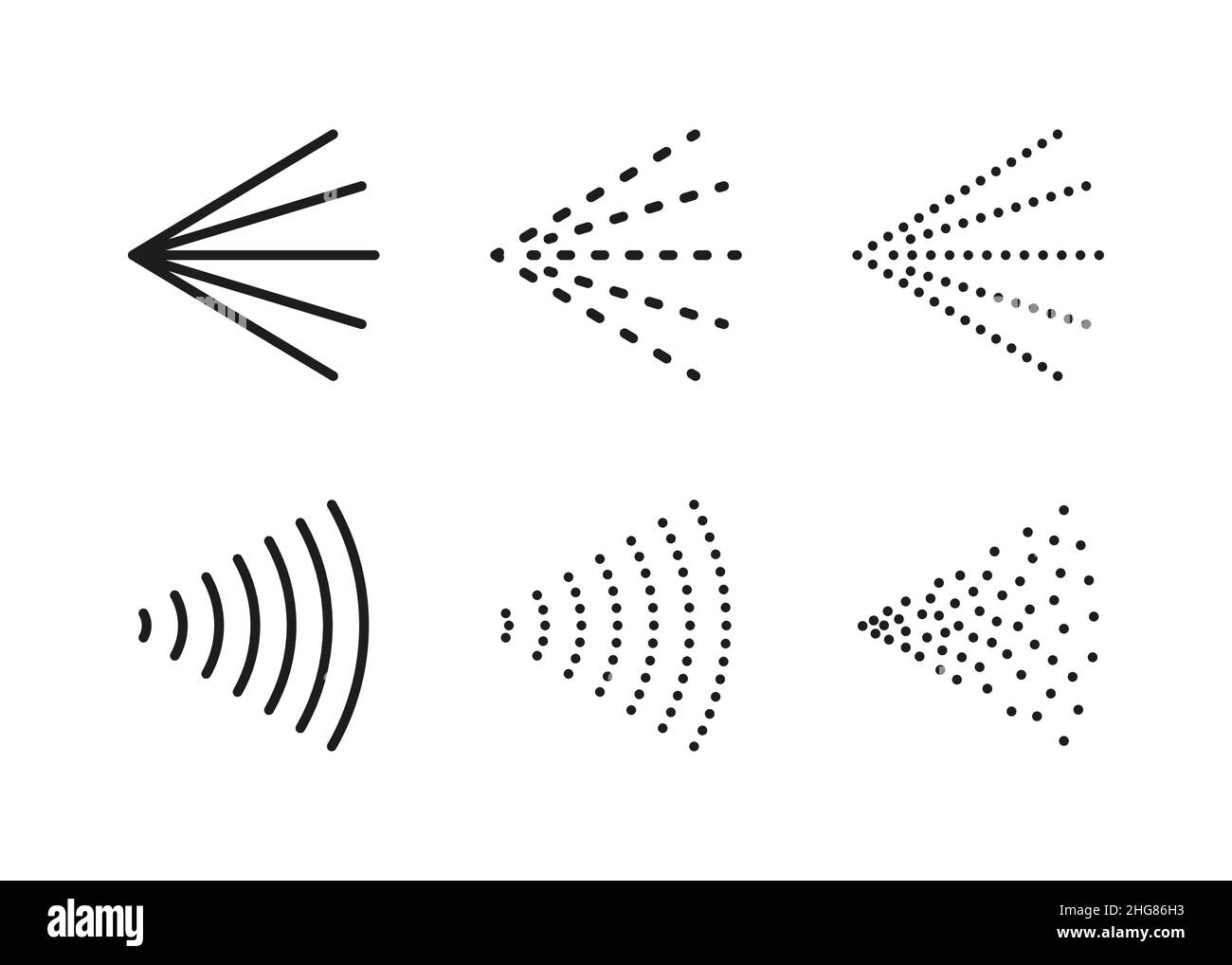 Sprühen Sie Dampfsymbole auf Wasser, Parfüm, Farbe oder Deodorant. Streugas oder Aerosoldunst. Sprühsymbole. Dampfdüse fließt. Satz von Vektorgrafiken Stock Vektor