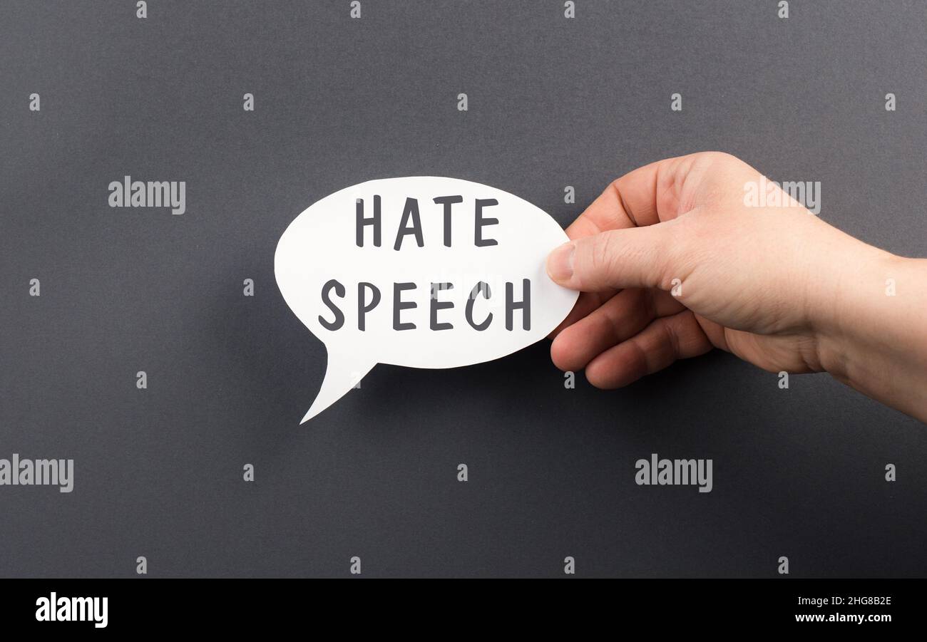 Die Worte Hate Speech stehen auf einer Sprechblase, politischer Korrektheit, Rassismus, Verleumdung Stockfoto