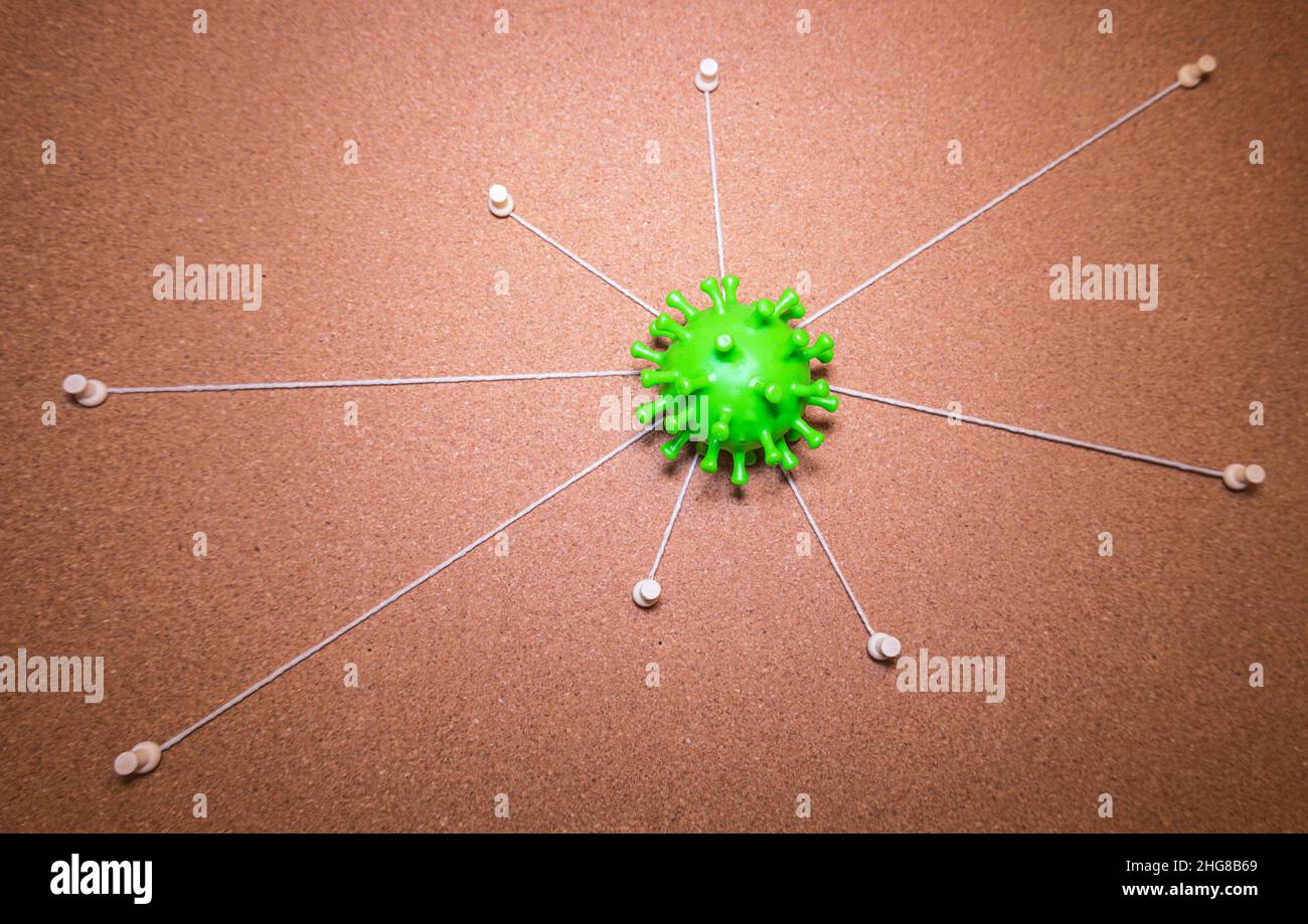 Eine Kork Evidence Board mit mehreren Saiten aus der Mitte Punkt gehen, um Pins um das Brett. Lösung des komplizierten Falles des Coronavirus. Stockfoto